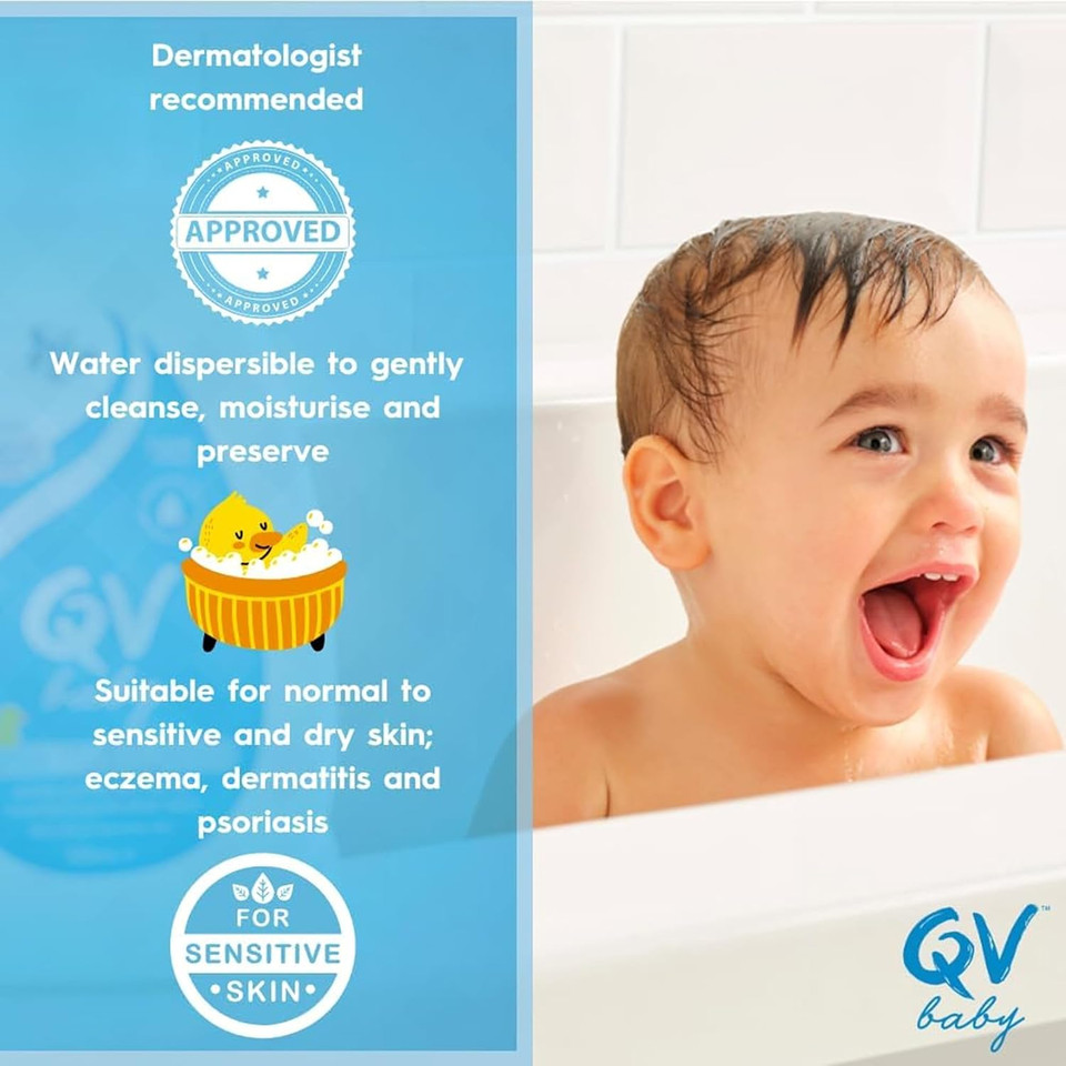 QV Baby Bath Oil, 500ml - with Vitamin E, Delicate, Water-dispersible, Everyday Use, Non-Greasy for Sensitive Skin, Suitable for Face, Body & Hair, Baby Bath Wash for Eczema, Cradle Cap, Dermatitis