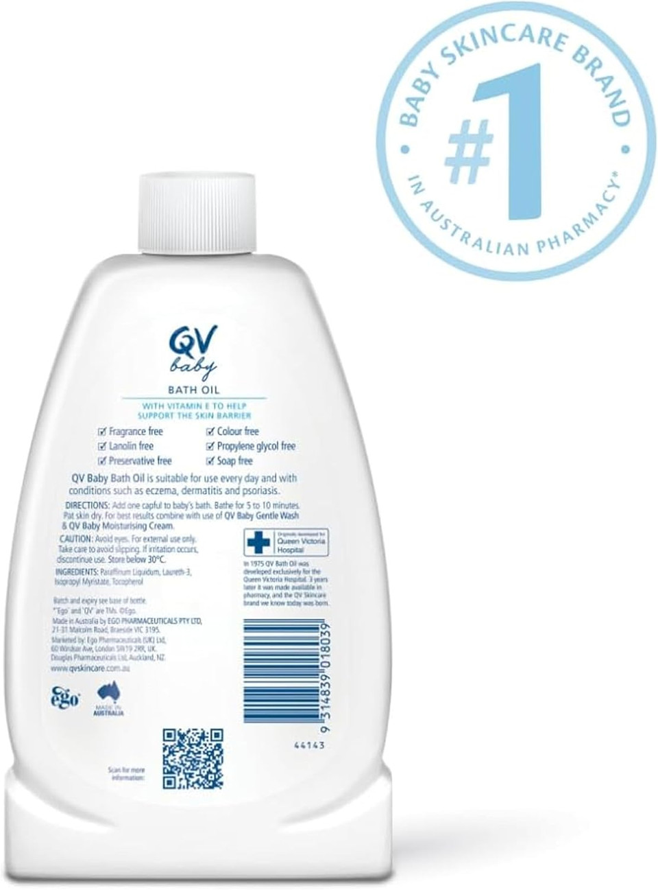 QV Baby Bath Oil, 500ml - with Vitamin E, Delicate, Water-dispersible, Everyday Use, Non-Greasy for Sensitive Skin, Suitable for Face, Body & Hair, Baby Bath Wash for Eczema, Cradle Cap, Dermatitis