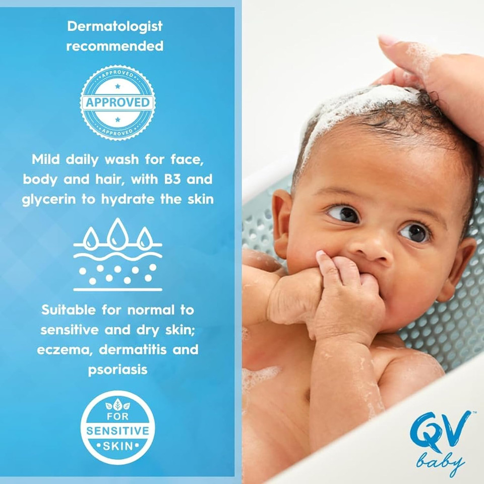 QV Baby Gentle Wash 500ml - with Vitamin B3 & Glycerin, Delicate Soap-Free, pH-Balanced For Everyday Use Suitable For Face, Body & Hair, Body Wash For Sensitive Skin, Eczema, Psoriasis, Bath