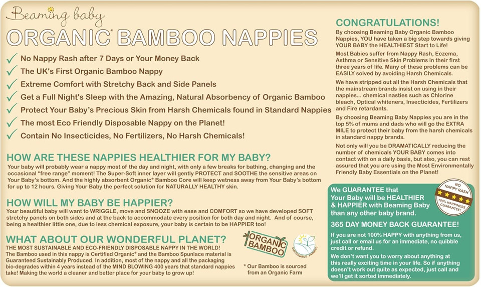 Beaming Baby Organic Bamboo Nappies Size 3, Maxi, 1 Pack of 26 Bamboo Eco Nappies. Eco Friendly Bamboo Diapers for Your Beautiful Baby 3 to 9 Months