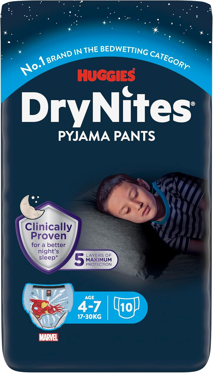 Huggies DryNites, Boys Night Time Pants - Sizes 4-7 Years (30 Pants) - Absorbent Pyjama Pants to Manage Bed Wetting - Unbeatable Night Time Protection