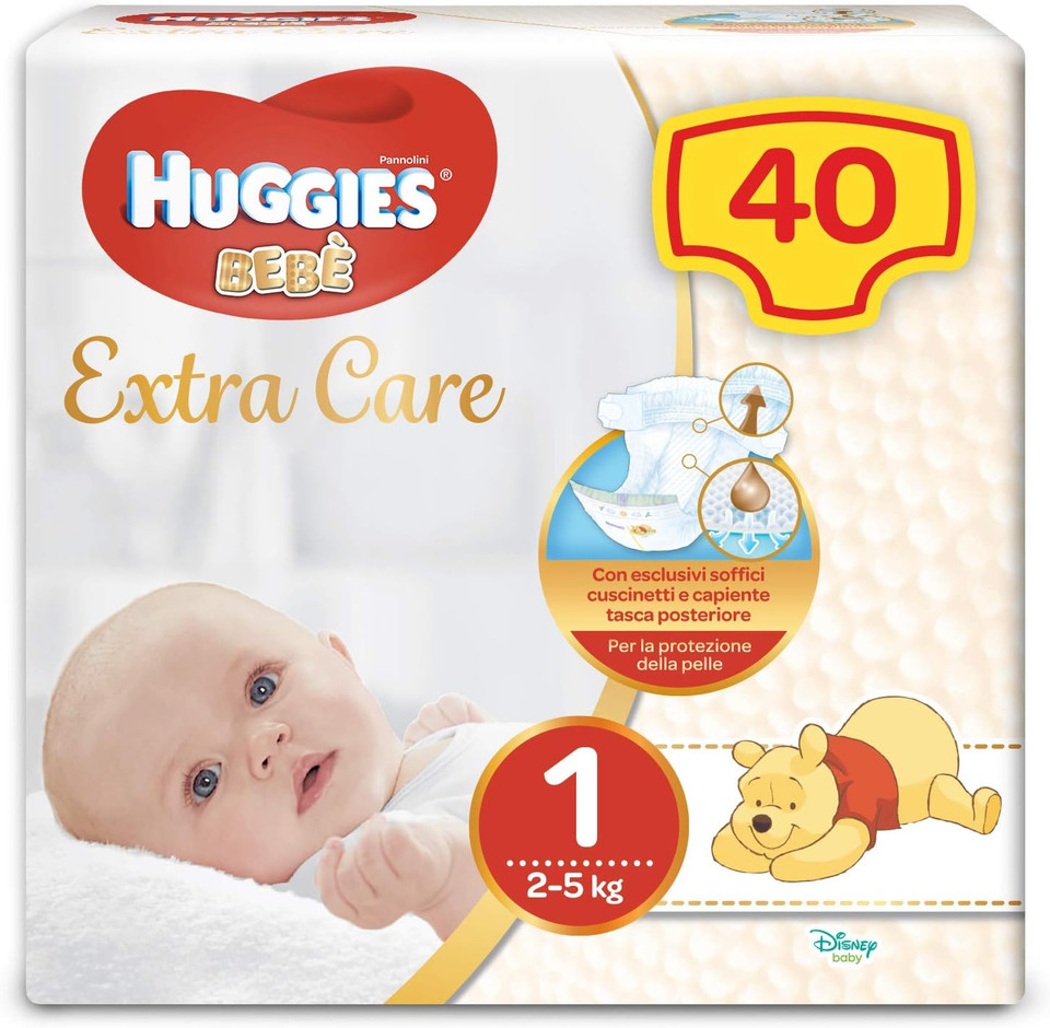 Huggies Huggies Extra Care Baby, Size 1 (2-5kg), Pack of 40 Nappies - 830
