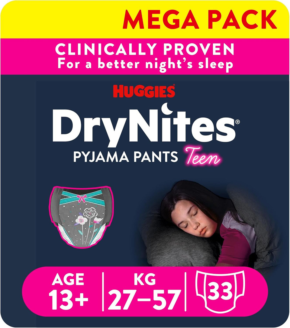 HUGGIES DryNites, Girls Teen Pyjama Pants - Sizes 8-13 Years (27 Pants) - Discrete Night Time Nappies with Exciting Designs - Maximum Protection for Teen Bed Wetting HUGGIES DryNites, Girls Teen Pyjama Pants - Sizes 8-13 Years (27 Pants) - Discrete Night Time Nappies with Exciting Designs - Maximum Protection for Teen Bed Wetting