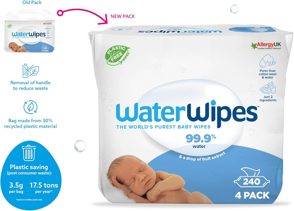 WaterWipes Plastic-Free Original Baby Wipes, 240 Count (20 packs), 99.9% Water Based Wipes, Unscented for Sensitive Skin