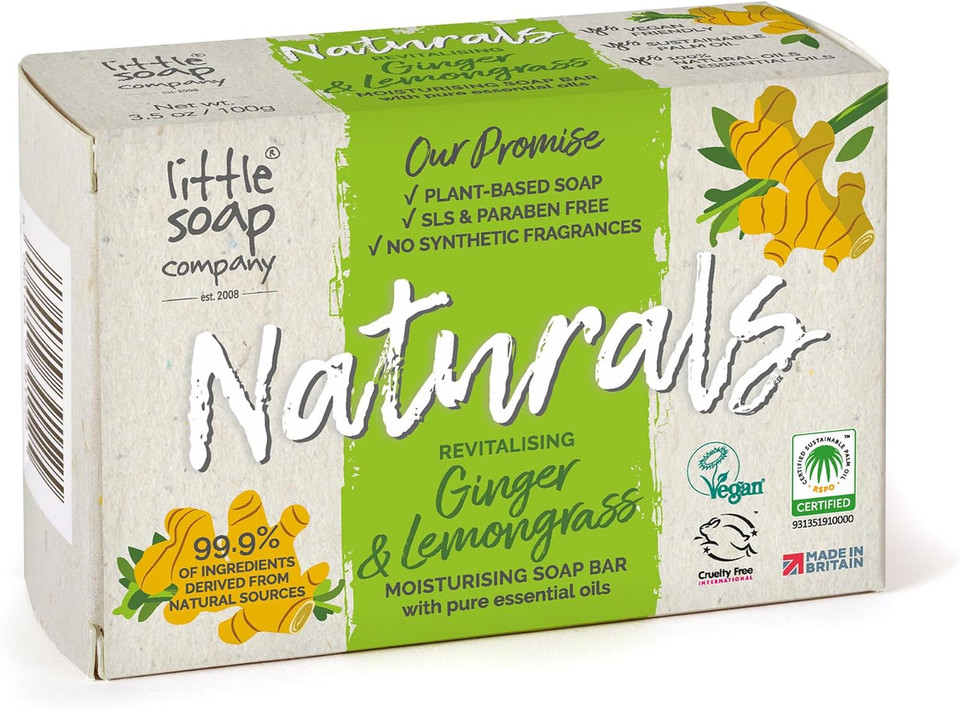 Little Soap Company Natural Range - Ginger & Lemongrass Bar Soap (100g) | Vegan, Cruelty Free & Eco Friendly, Hand, Face & Body Soap | No SLS and Parabens | Antibacterial with Cleansing Essential Oils
