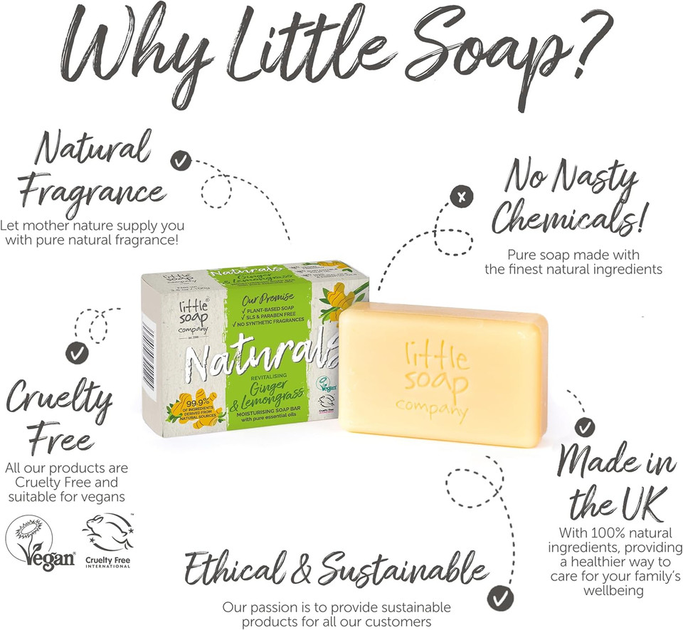 Little Soap Company Natural Range - Ginger & Lemongrass Bar Soap (100g) | Vegan, Cruelty Free & Eco Friendly, Hand, Face & Body Soap | No SLS and Parabens | Antibacterial with Cleansing Essential Oils