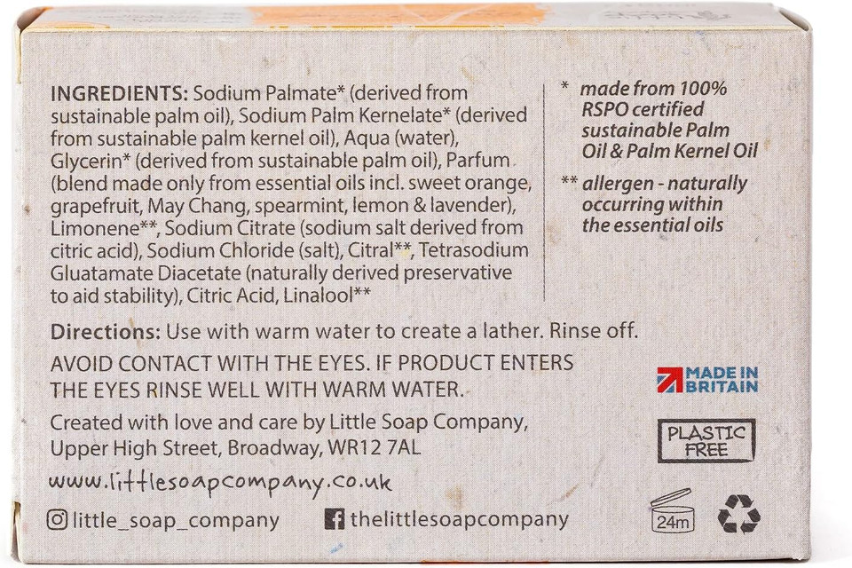 Little Soap Company Naturals Range - Bar Soap | Vegan, Cruelty Free, No SLS or Parabens, Refreshing Cleansing Soap bars, Natural Eco Friendly Body & Hand Soap, 100g (Sweet Orange)