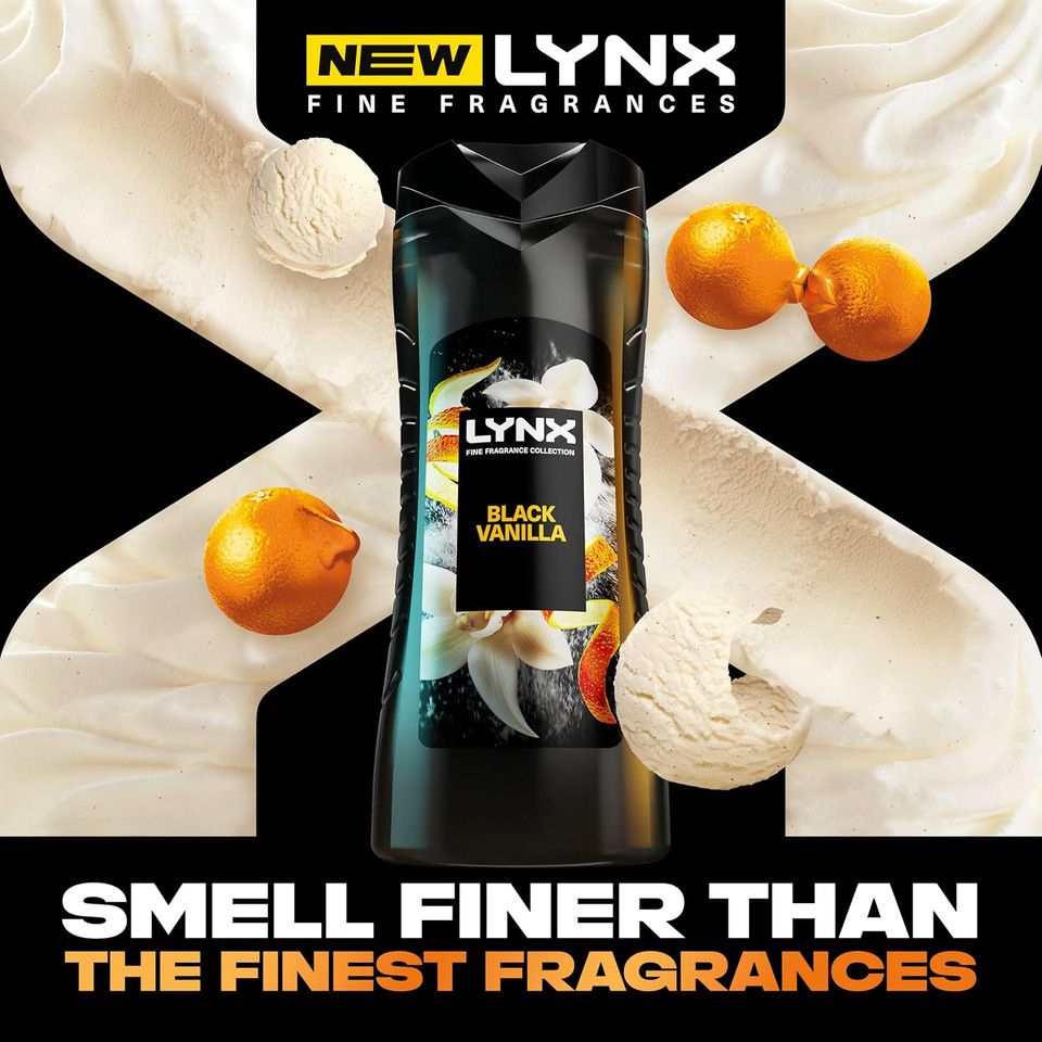 Lynx Fine Fragrance Collection Black Vanilla Premium Body Wash Body Cleanser shower gel with a vanilla, orange & sandalwood scent for 12 hours of freshness 400 ml