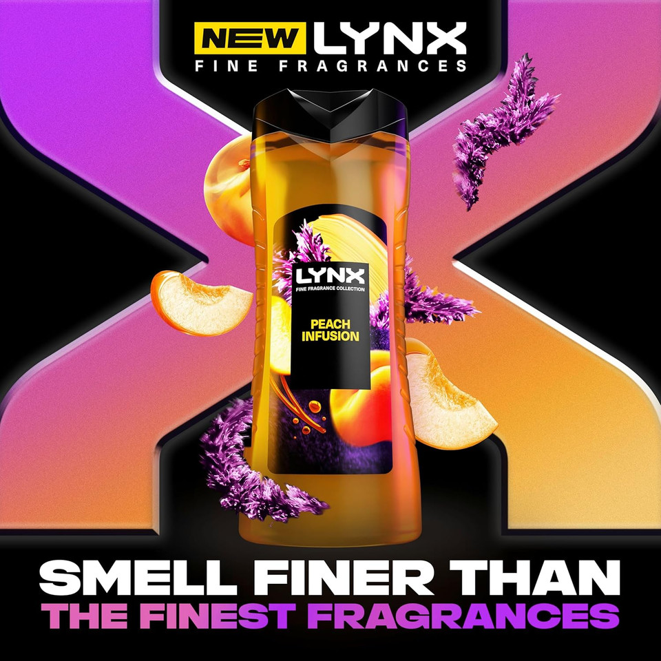Lynx Fine Fragrance Collection Peach Infusion Premium Body Wash Body Cleanser shower gel with a peach, patchouli & amber scent for 12 hours of freshness 400 ml