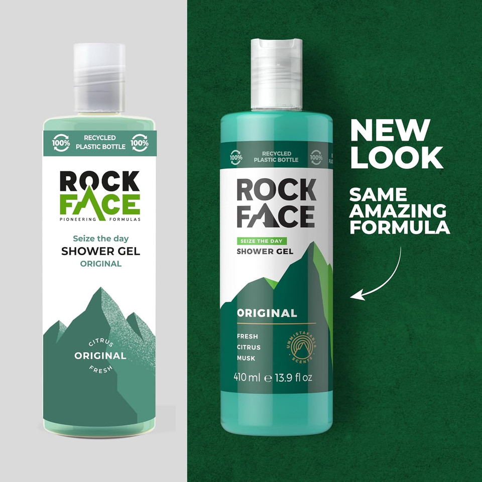 Rock Face Shower Gel - Original All In One Body Wash for Men, 410ml, Fresh Citrus Scent, Suitable for Hair and Body, Long Lasting Fragrance
