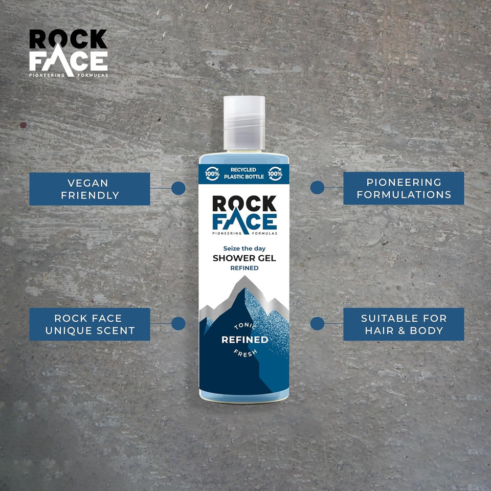 Rock Face Shower Gel - Refined All In One Body Wash for Men, 410ml, Sandalwood & Cedar Scent, Suitable for Hair and Body, Long Lasting Fragrance