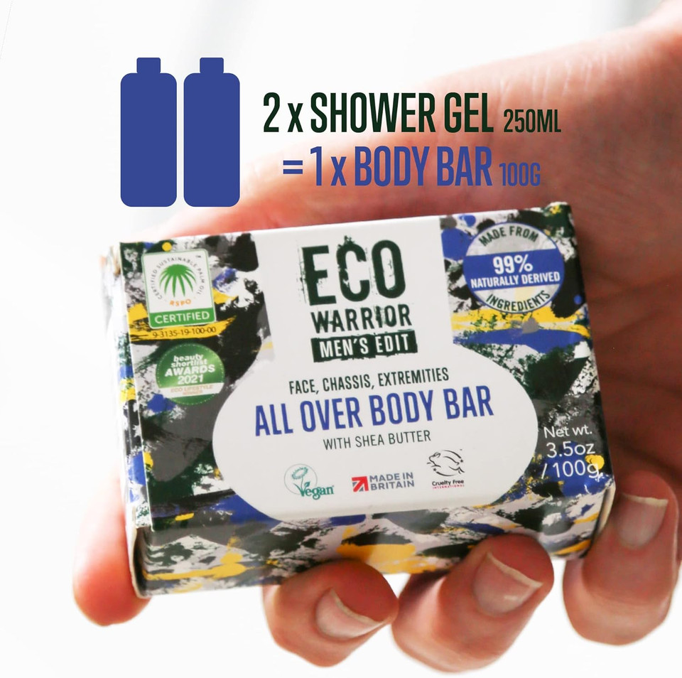 Eco Warrior Men's Edit All Over Body Soap Bar | Vegan, Natural, Cruelty-Free, Eco Friendly | Free from SLS or Parabens | Nourishing Mens Soap with Shea Butter and Essential Oils | Mens Gifts, 100g