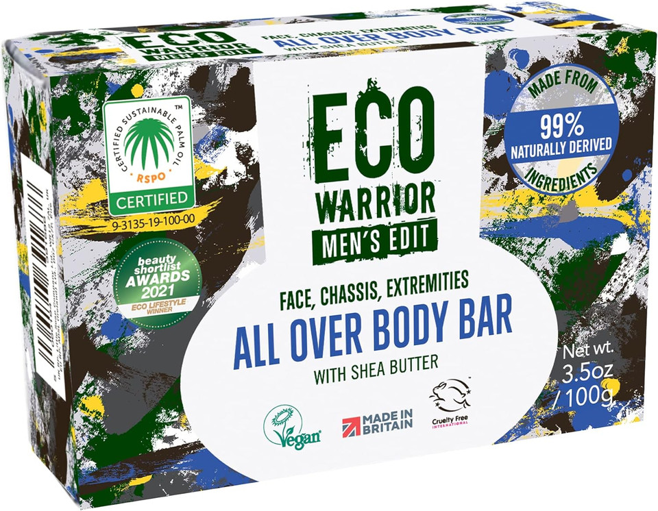 Eco Warrior Men's Edit All Over Body Soap Bar | Vegan, Natural, Cruelty-Free, Eco Friendly | Free from SLS or Parabens | Nourishing Mens Soap with Shea Butter and Essential Oils | Mens Gifts, 100g