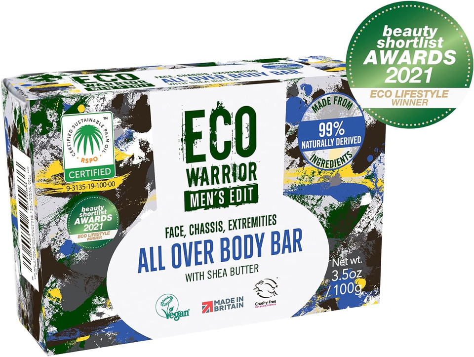 Eco Warrior Men's Edit All Over Body Soap Bar | Vegan, Natural, Cruelty-Free, Eco Friendly | Free from SLS or Parabens | Nourishing Mens Soap with Shea Butter and Essential Oils | Mens Gifts, 100g