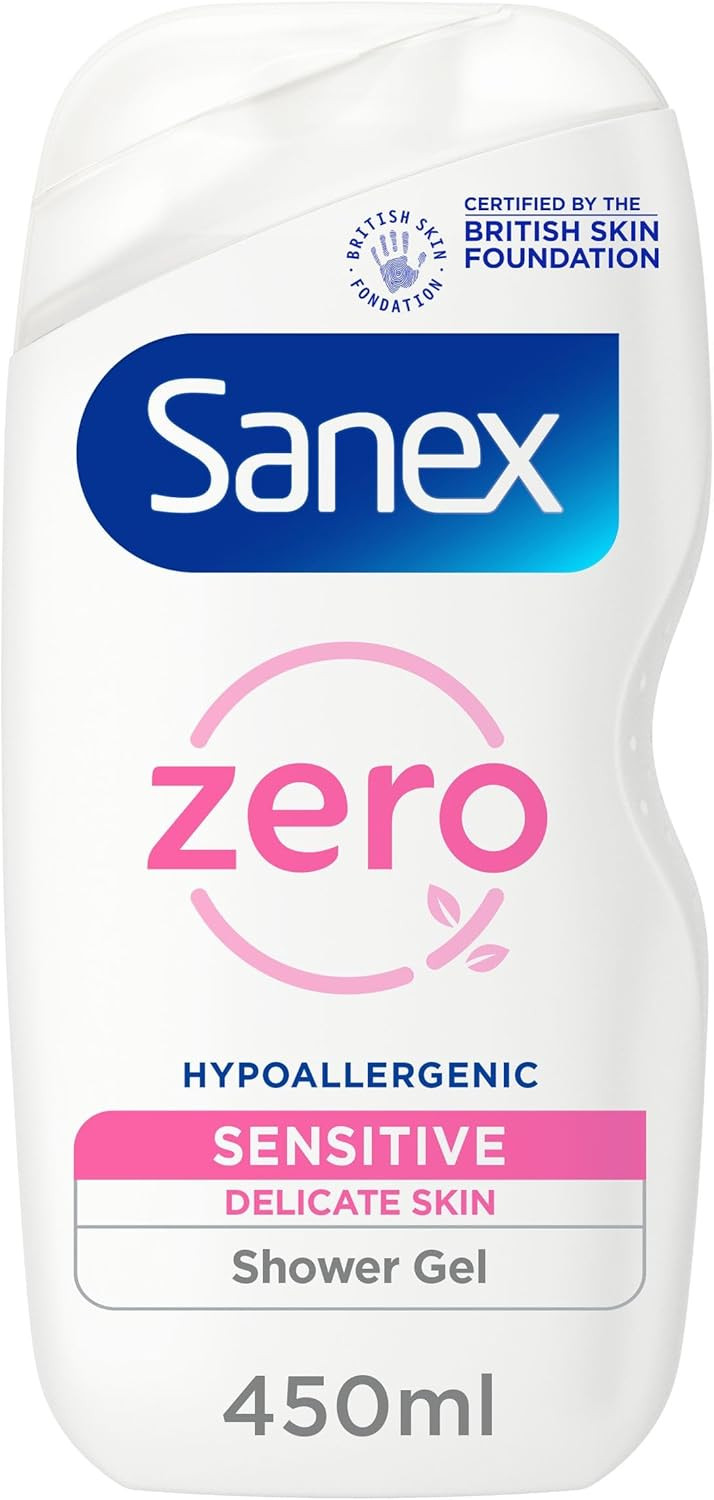 Sanex Zero% Hypoallergenic Sensitive Shower Gel 450ml | 0% fragrance, colourants, sulphates* & soap | 8 hours of hydration | dermatologically tested | ingredients of 93% natural origin