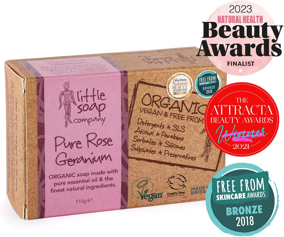 Little Soap Company Organic Soap Bar  Vegan, Cruelty Free, No SLS or Parabens, With Rose Geranium, Natural & Organic Body & Hand Soap (110g)