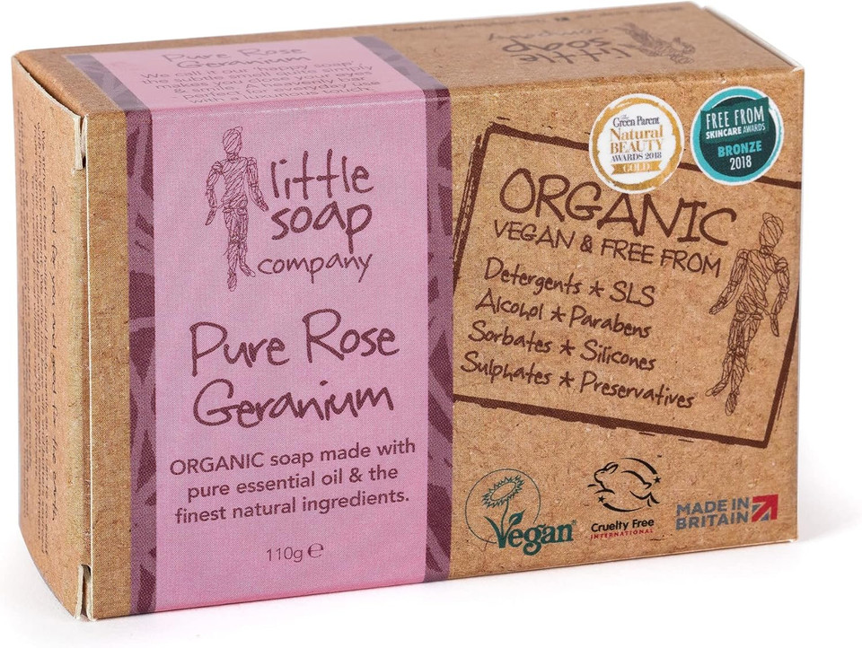 Little Soap Company Organic Soap Bar  Vegan, Cruelty Free, No SLS or Parabens, With Rose Geranium, Natural & Organic Body & Hand Soap (110g)