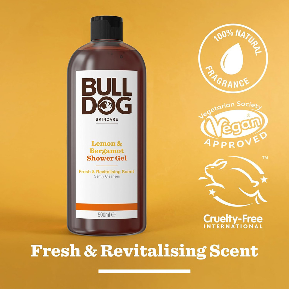 Bulldog Skincare Lemon & Bergamot Shower Gel for Men, Natural, Refreshing Men's Shower Gel, 500 ml