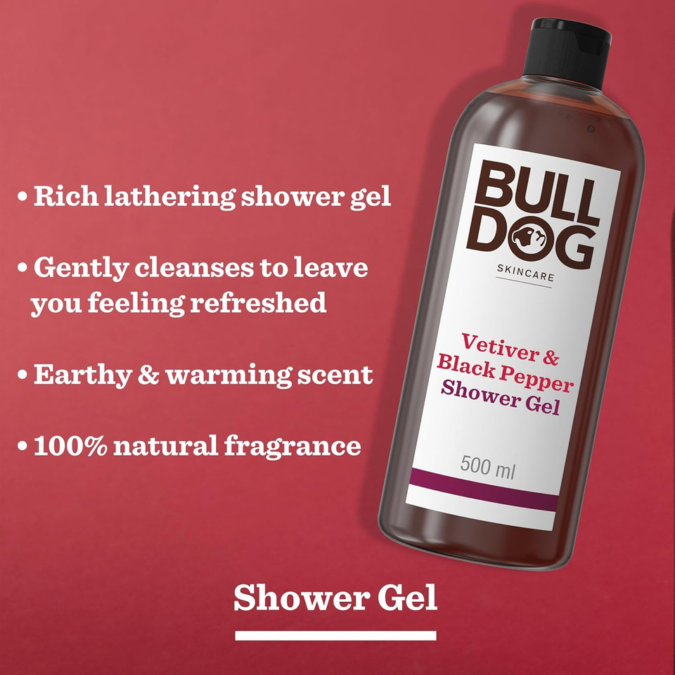 Bulldog Skincare Vetiver & Black Pepper Shower Gel for Men, Natural, Refreshing Men's Shower Gel, 500 ml