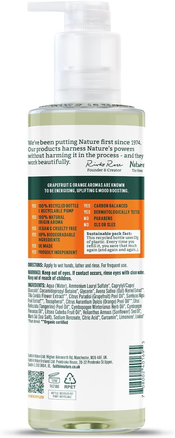 Faith In Nature Natural Grapefruit and Orange Liquid Hand Wash, Energising, Vegan and Cruelty Free, No SLS or Parabens, 400 ml