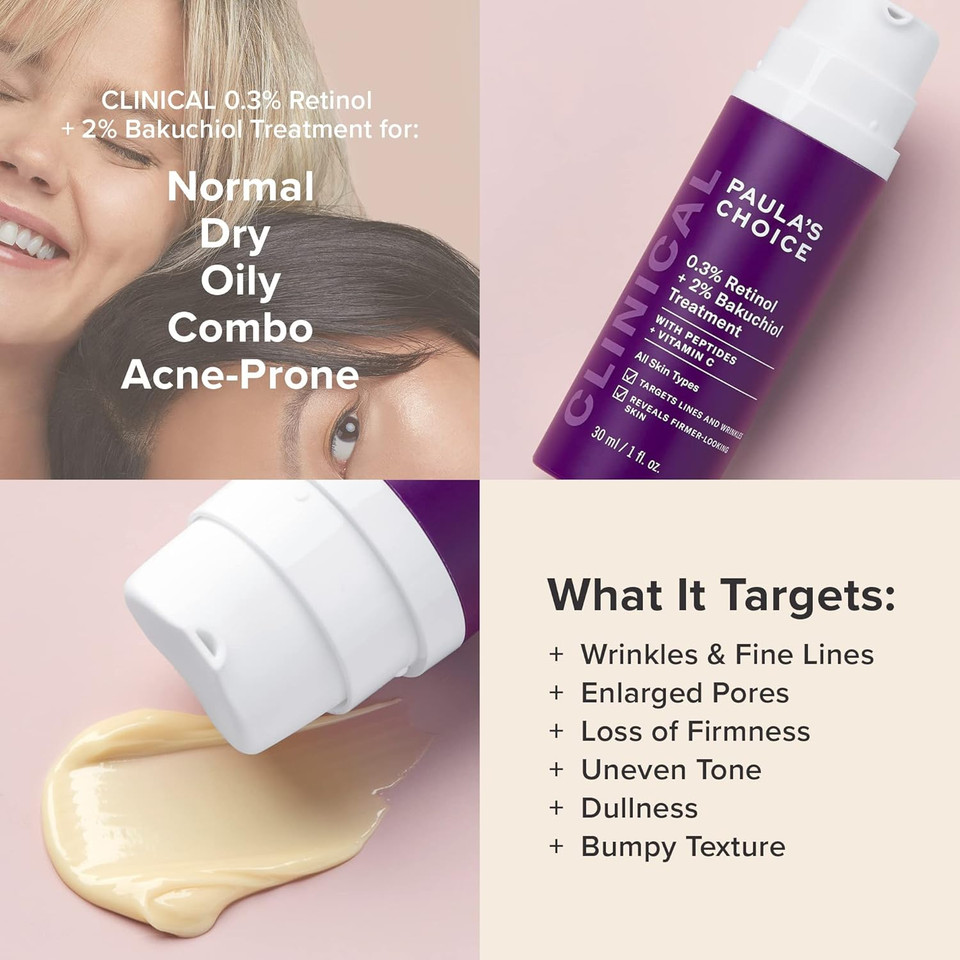 Paula'S Choice Clinical 0.3% Retinol + 2% Bakuchiol Treatment, Anti-Aging Serum For Deep Wrinkles & Fine Lines, Fragrance-Free & Paraben-Free, 1 Ounce