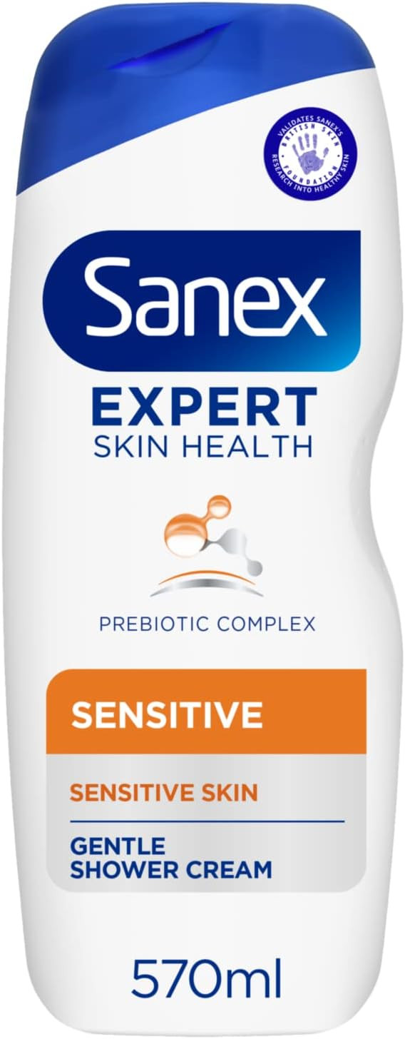 Sanex Expert Skin Health Sensitive Shower Gel 570ml - gently cleanses - skin-friendly fragrance - soothes sensitive skin - prebiotic & postbiotic complex - dermatologically tested - 0% sulphates