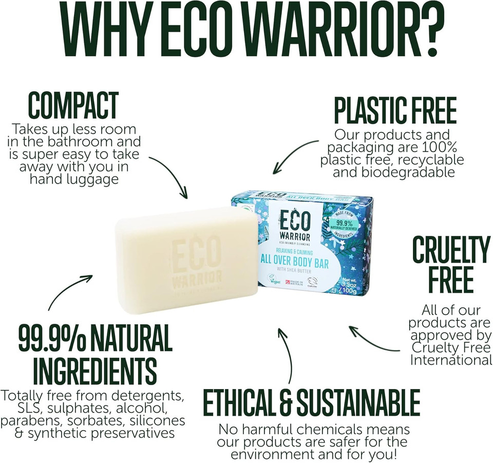 Eco Warrior All Over Body Soap Bar - Vegan, Cruelty Free, No SLS or Parabens, Deeply Nourishing Shea Butter, Body and Hand Soap Bar, Little Soap Company, 100 g