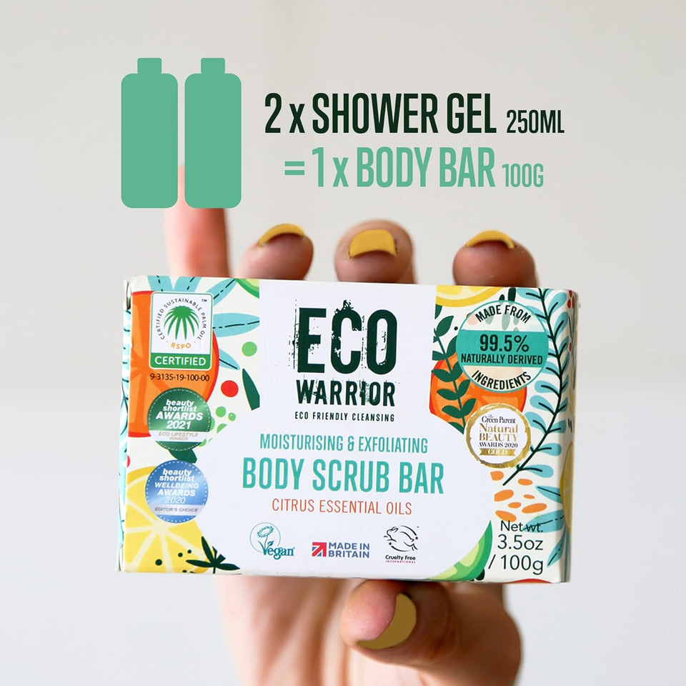 Eco Warrior Body Scrub Soap Bar | Eco Friendly, Natural Body Bar Soap Scrub | Vegan, Cruelty-Free, No SLS or Parabens | Nourishing and Gentle Exfoliating with Citrus Essential Oils and Oatmeal | 100g