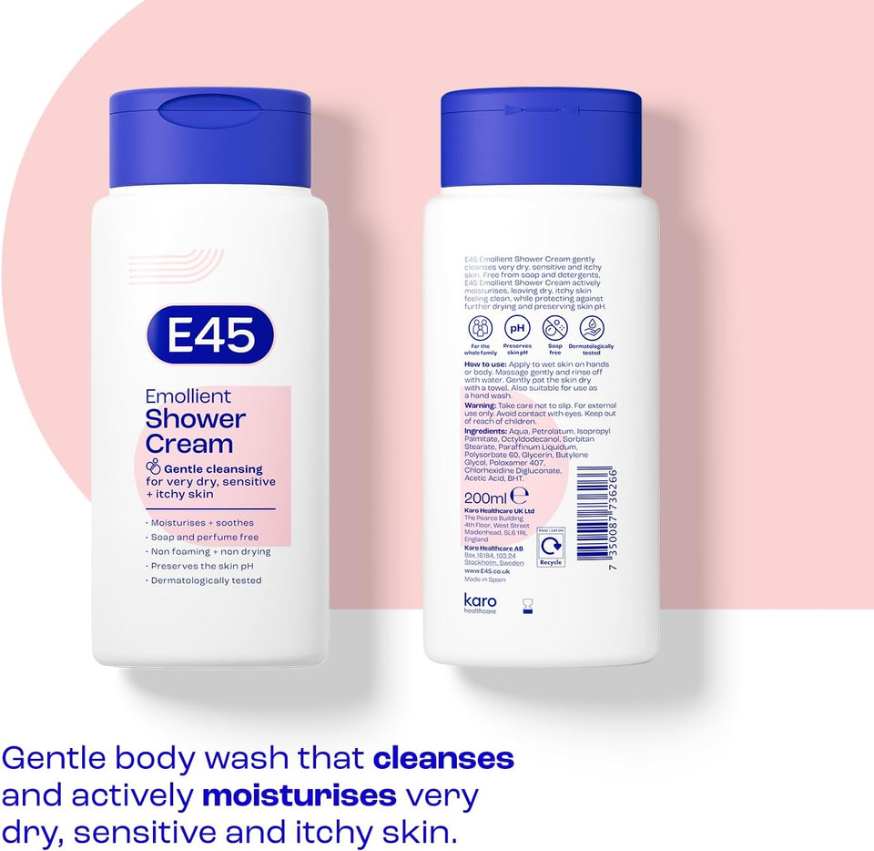 E45 Shower Cream for Dry, Sensitive, and Itchy Skin - Moisturising Body Wash for Men and Women - Helps Maintain Skin pH - Suitable for Eczema and Dermatologically Tested - 200 ml E45 Shower Cream for Dry, Sensitive, and Itchy Skin - Moisturising Body Wash for Men and Women - Helps Maintain Skin pH - Suitable for Eczema and Dermatologically Tested - 200 ml