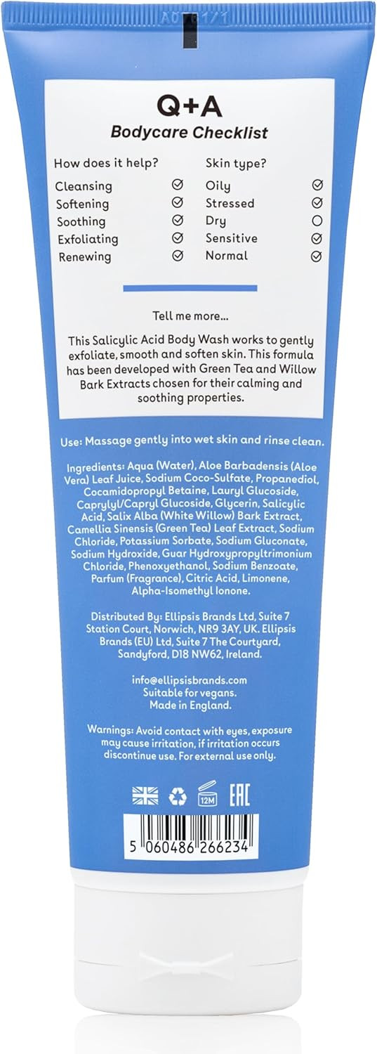 Q+A Salicylic Acid Body Wash (250ml), Sensitive Shower Gel, Body Care, Shower Gel with Green Tea Extract and BHA, Gently Exfoliates, Smoothes, and Softens the skin