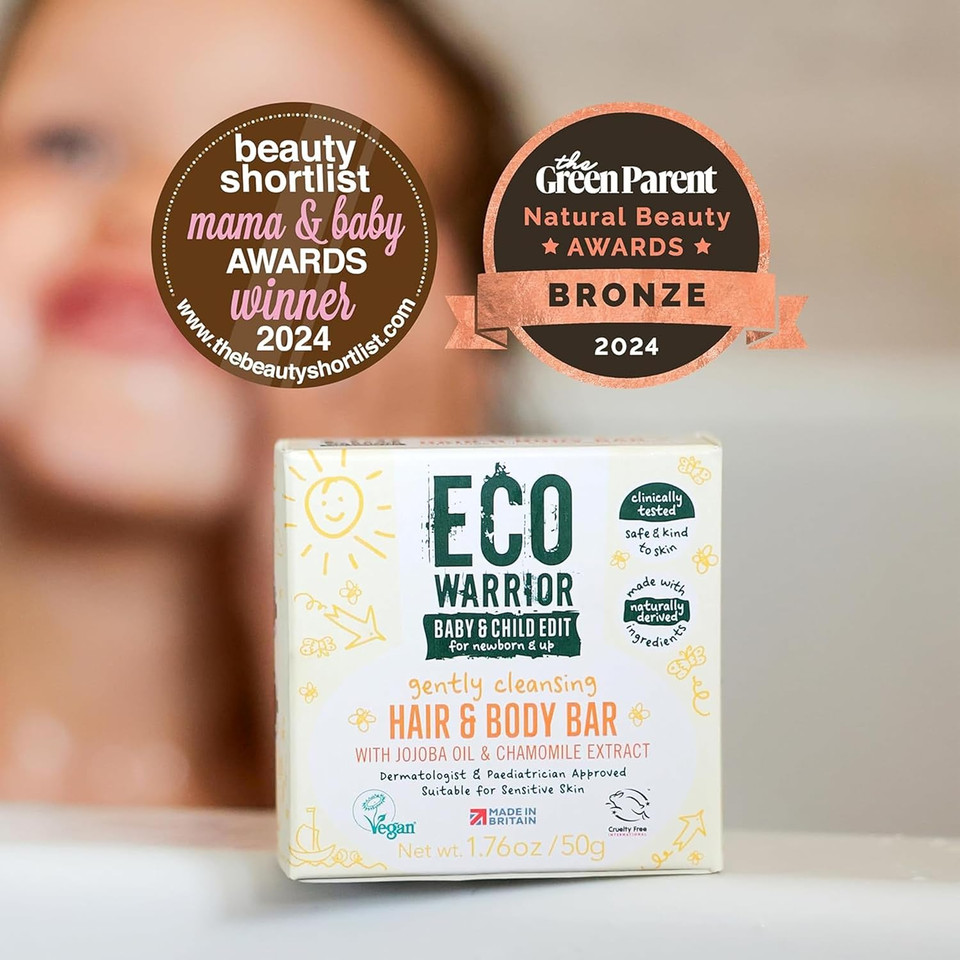 Eco Warrior Baby & Child Edit Gently Cleansing Hair & Body Bar (50g) | Hair Shampoo and Body Bar Soap (2 in 1) | Orange Blossom Scent | Gentle, Eco Friendly, Vegan, Cruelty Free
