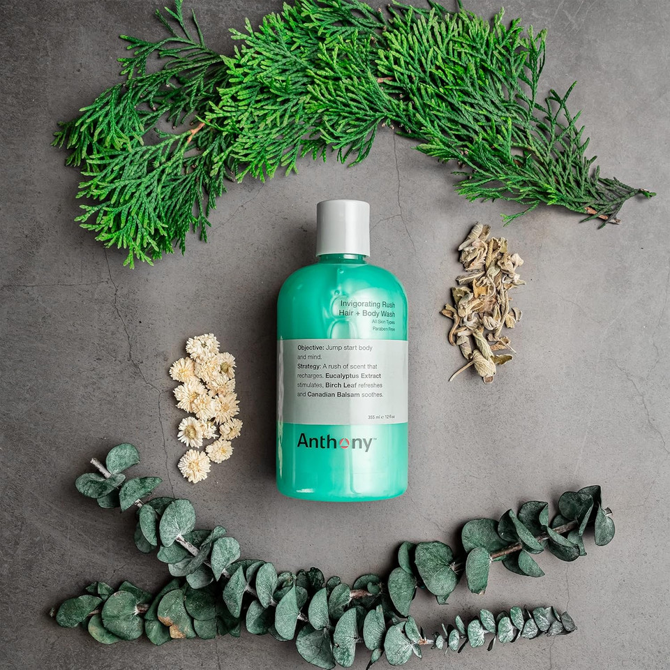 Anthony Invigorating Rush Hair and Body Wash  Pine Wood Scent Contains Eucalyptus Extract, Canadian Balsam & Birch Leaf