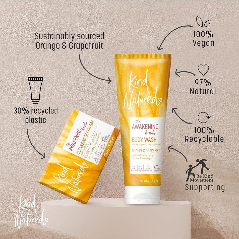 Kind Natured The Awakening Cleansing Scrub Bar, Natural Orange and Grapefruit Vegan Bar Exfoliating Soap, 100g