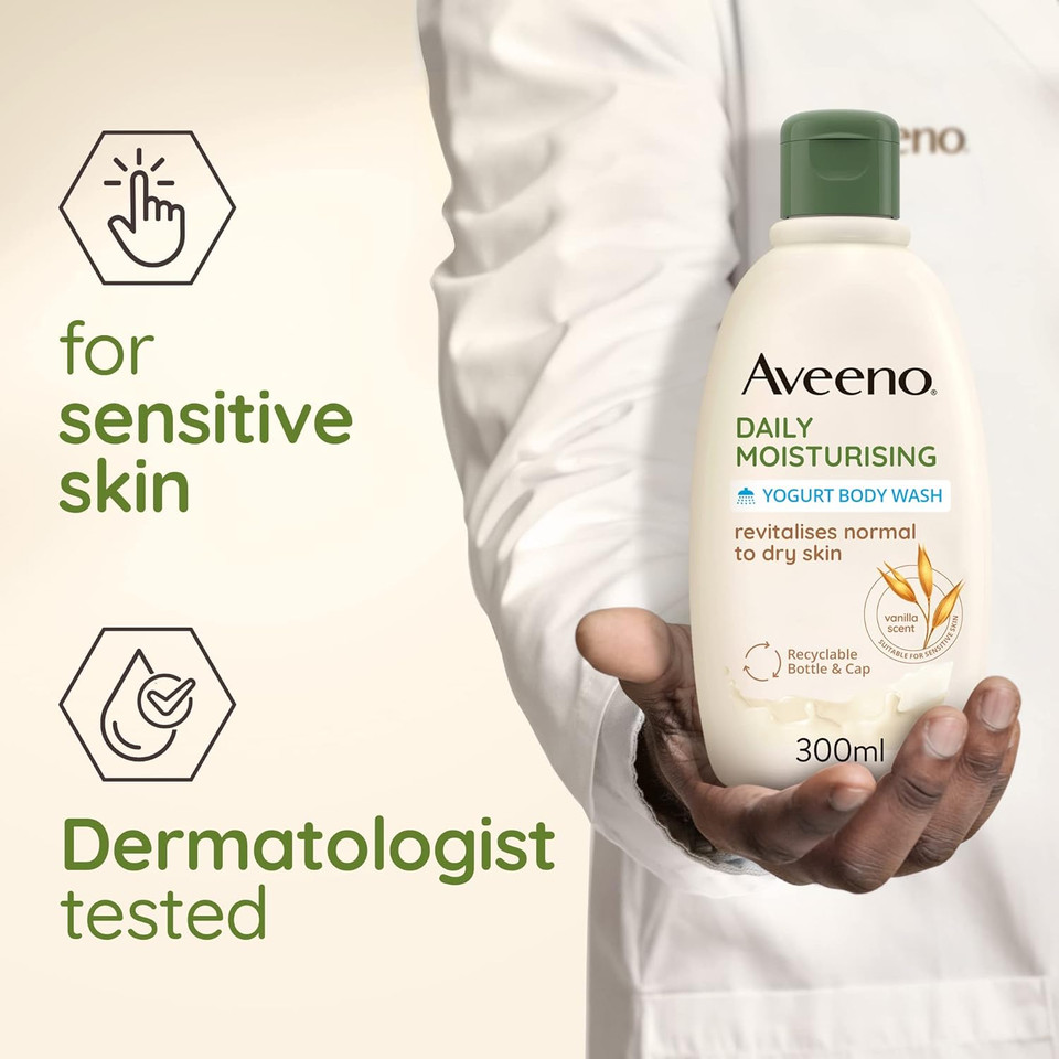 Aveeno Daily Moisturising Yogurt Body Wash, Vanilla & Oat Scent, With Prebiotic Oat and Probiotic Greek Yogurt, Suitable For Sensitive Skin, Gently Cleanses and Moisturises, 300ml