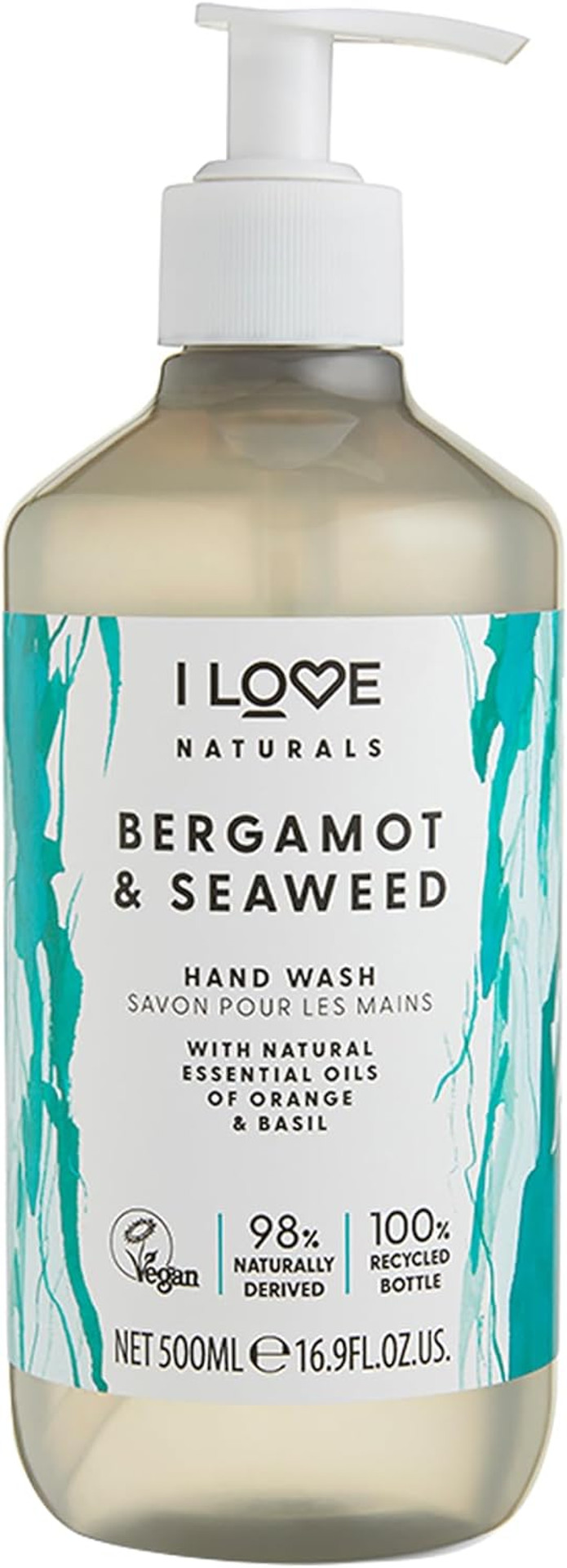 I Love Naturals Bergamot & Seaweed Hand Wash, Natural Oils Of Orange & Basil, Gently Removes Impurities, Refreshing & Cleansing Formula, 500ml