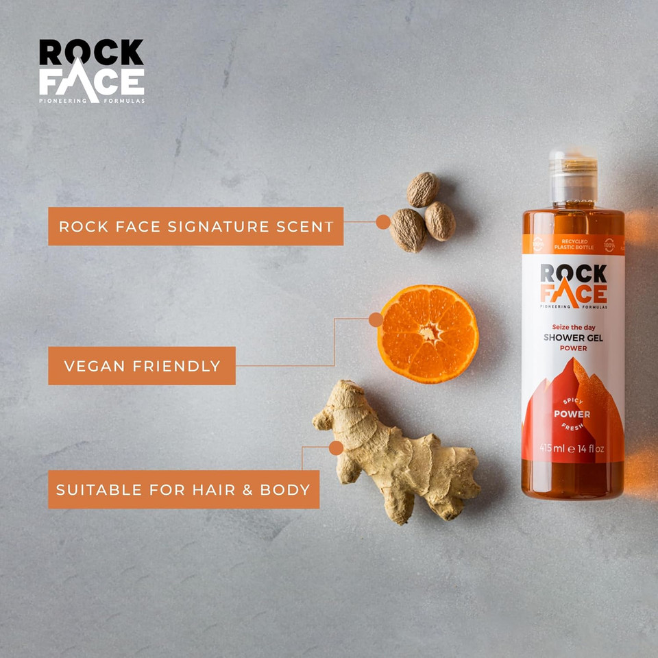 Rock Face Power Shower Gel 410ml | All in One Body Wash | Fresh Spicy Scent | Suitable for Hair and Body | Long-Lasting Scent (Pack of 2)
