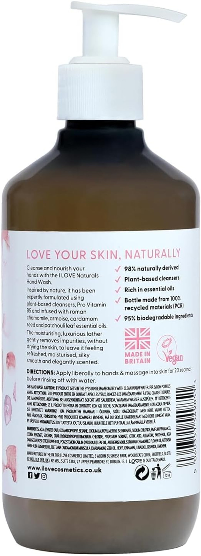 I Love Naturals Rose & Argan Hand Wash, Natural Oils Of Rose & Patchouli, Gently Removes Impurities, Refreshing & Cleansing Formula, 500ml