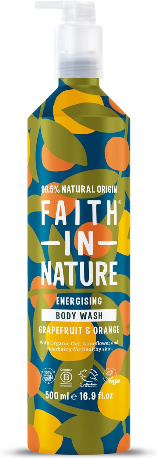 Faith In Nature 500ml Metal Bottle Natural Grapefruit and Orange Body Wash, Energising Shower Gel, Vegan and Cruelty Free, No SLS or Parabens