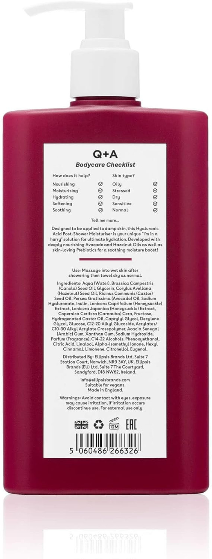 Q+A Hyaluronic Acid Post Shower Moisturiser (250ml), Wet-Skin Body Lotion with Avocado & Hazelnut Oils, Prebiotic Hydration, Locks In Moisture Quickly, Non-Greasy, Dry Skin Moisturiser