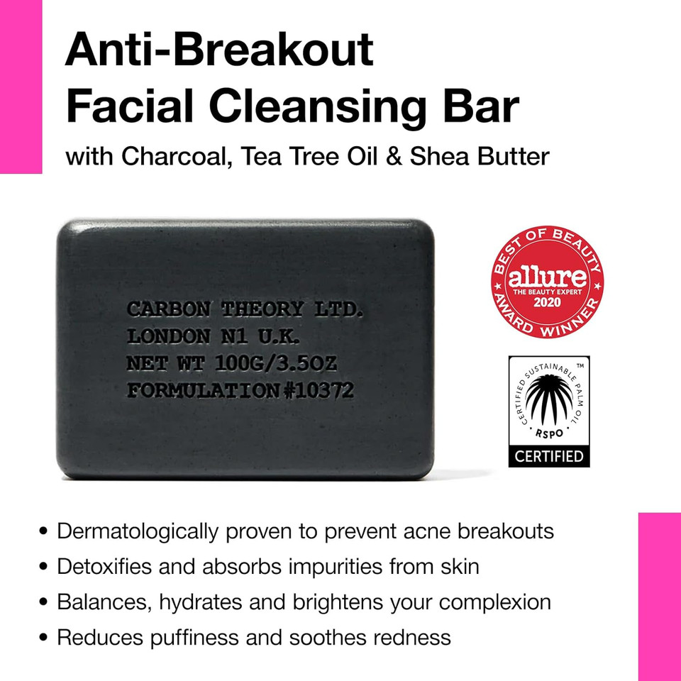 Carbon Theory Charcoal & Tea Tree Soap Bar Face Cleanser for Spot Prone Skin & Travel Soap Case Tin - Activated Charcoal Face Wash Bar, Tea Tree Oil, Shea Butter Soap - Vegan Spot Treatment, 100g
