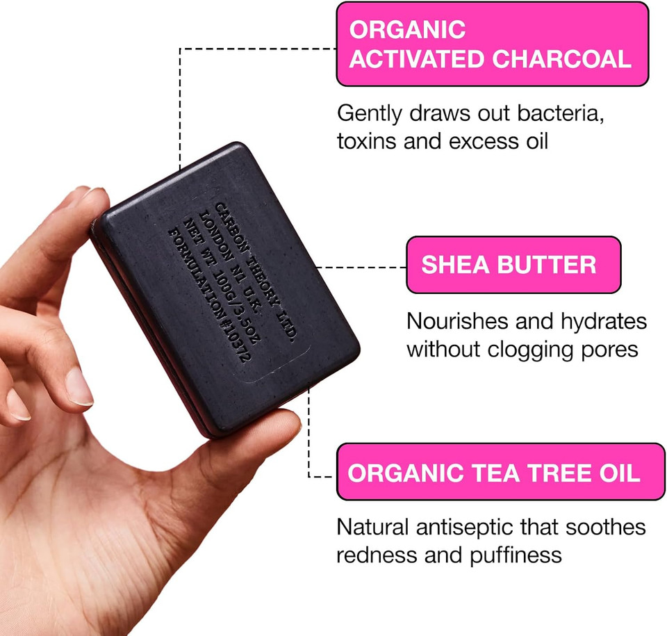 Carbon Theory Charcoal & Tea Tree Soap Bar Face Cleanser for Spot Prone Skin & Travel Soap Case Tin - Activated Charcoal Face Wash Bar, Tea Tree Oil, Shea Butter Soap - Vegan Spot Treatment, 100g