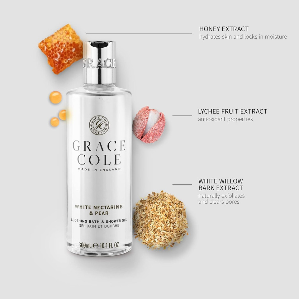 Grace Cole Bath & Shower Gel White Nectarine & Pear Fragrance 300ml - Essential Oils - Vegan Friendly and Cruelty Free, Contains No SLS or Parabens - Made In England