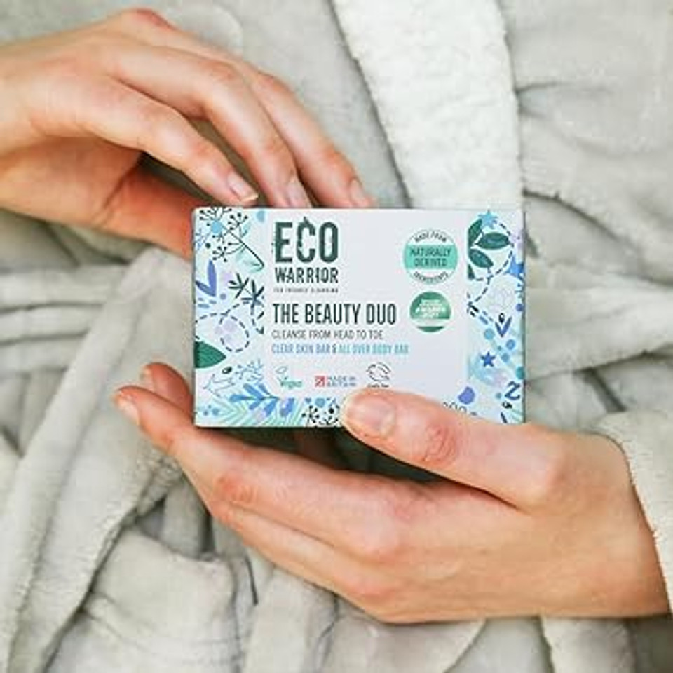 Eco Warrior Beauty Duo Pack Soap Bar - Charcoal Clear Skin Facial & All Over Body Bar | Vegan, Cruelty Free, No SLS or Parabens | Cleansing Charcoal & Moisturising Shea Butter | Gift Pack 100g x 2
