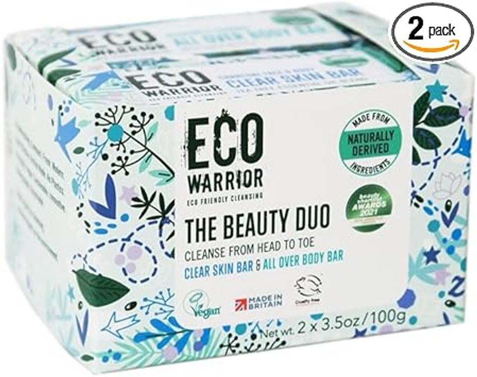 Eco Warrior Beauty Duo Pack Soap Bar - Charcoal Clear Skin Facial & All Over Body Bar | Vegan, Cruelty Free, No SLS or Parabens | Cleansing Charcoal & Moisturising Shea Butter | Gift Pack 100g x 2
