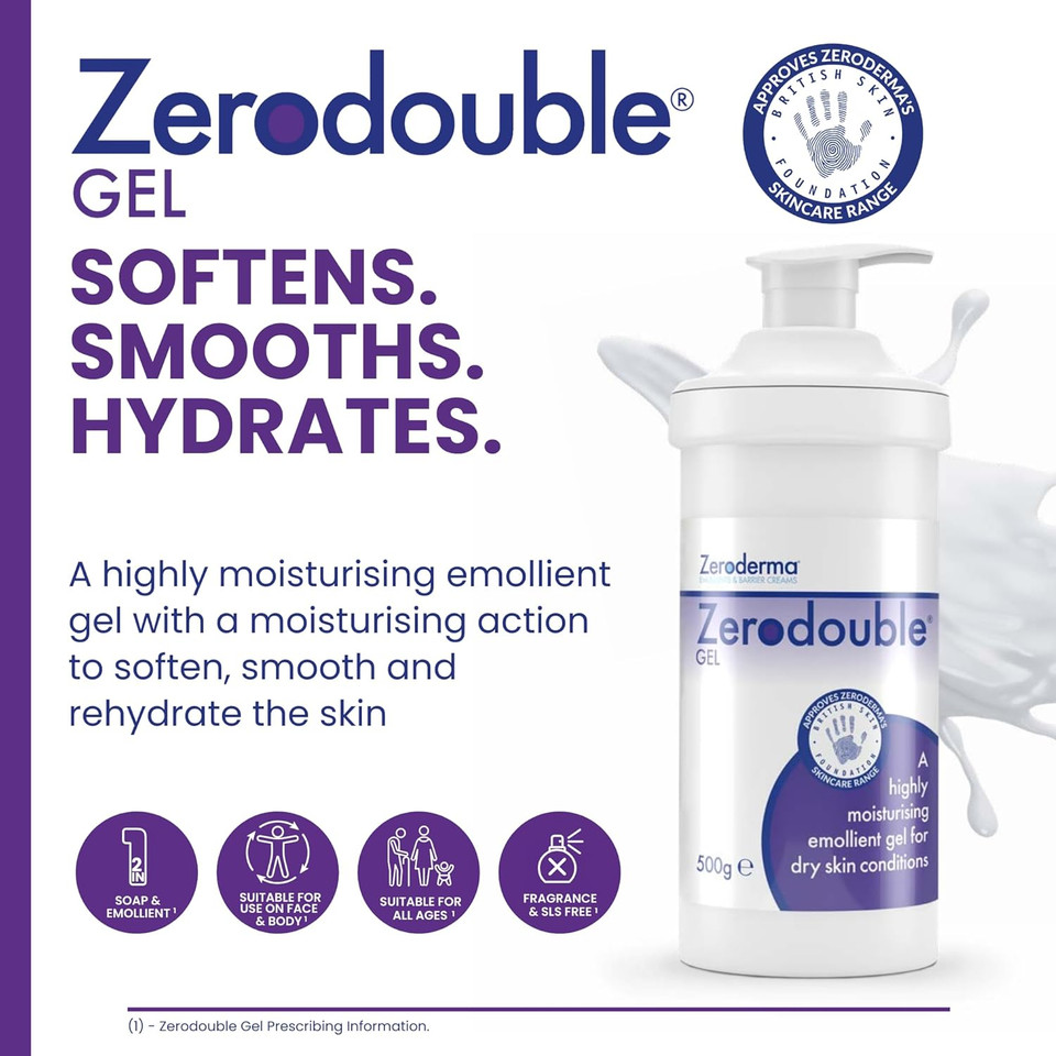 Zeroderma Zerodouble Gel, 2-in-1 Moisturiser & Soap Substitute, Highly Moisturising Gel for Dry Skin Conditions such as Eczema, Psoriasis & other Dry Skin Conditions. 500g
