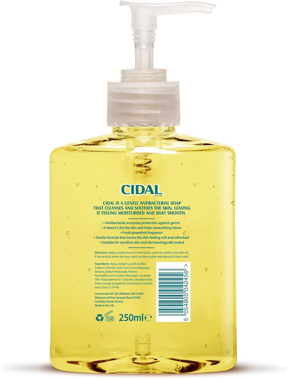 Cidal Grapefruit Handwash, antibacterial, uplifting fresh grapefruit scent, 250ml (Pack of 2)