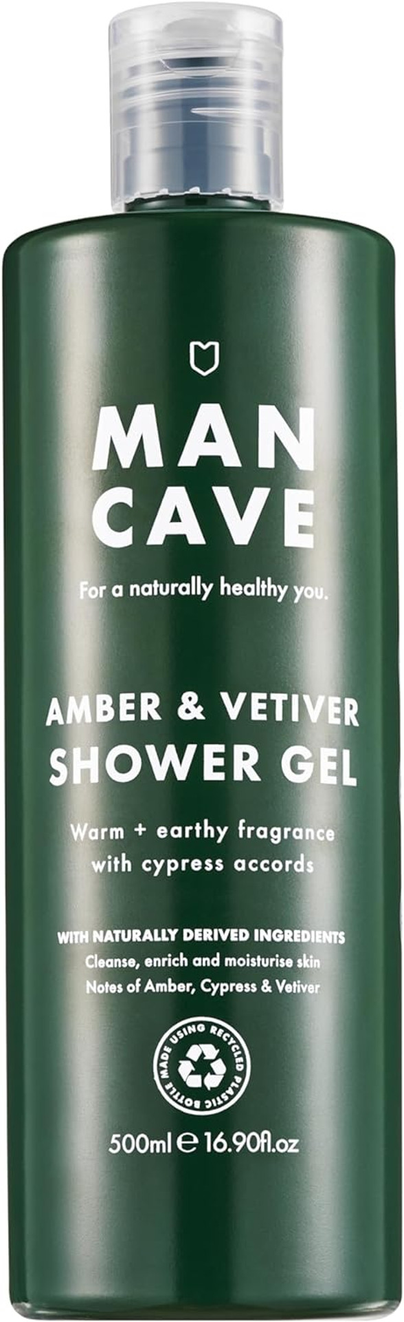 ManCave Amber Vetiver Mens Shower Gel, 500 ml, Body Wash, Natural Ingredients, Vegan, Eco-Conscious and Cruelty-Free, Invigorating Shower Gel for Men with Rich Amber, Fresh Cypress, Body Wash for Men
