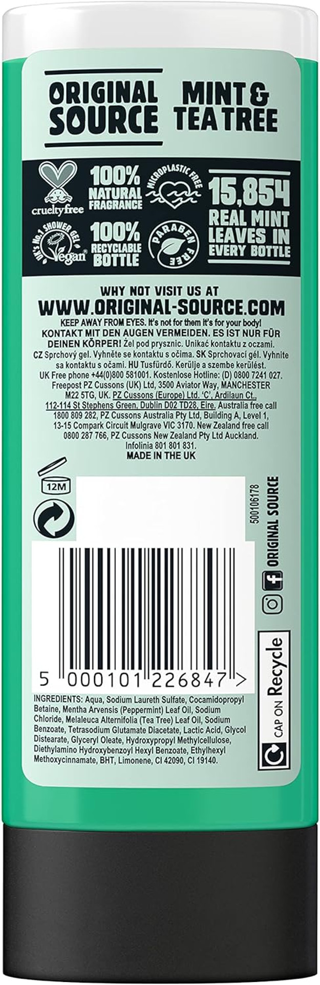 Original Source Mint & Tea Tree Shower Gel, 100 Percent Natural Fragrance, Vegan, Cruelty Free, Paraben Free, Bulk Buy, Pack of 6 x 500 ml
