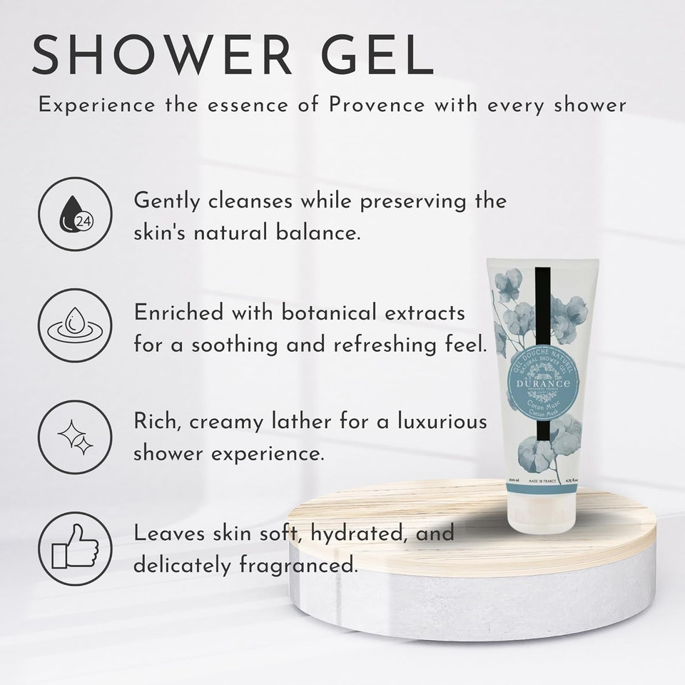Durance Les Eternelles Natural Shower Gel For Women (200ml) Cotton Musk Fragrance - Womens Body Wash | Nourishes, Gently Cleanses, Hydrates & Softens Skin