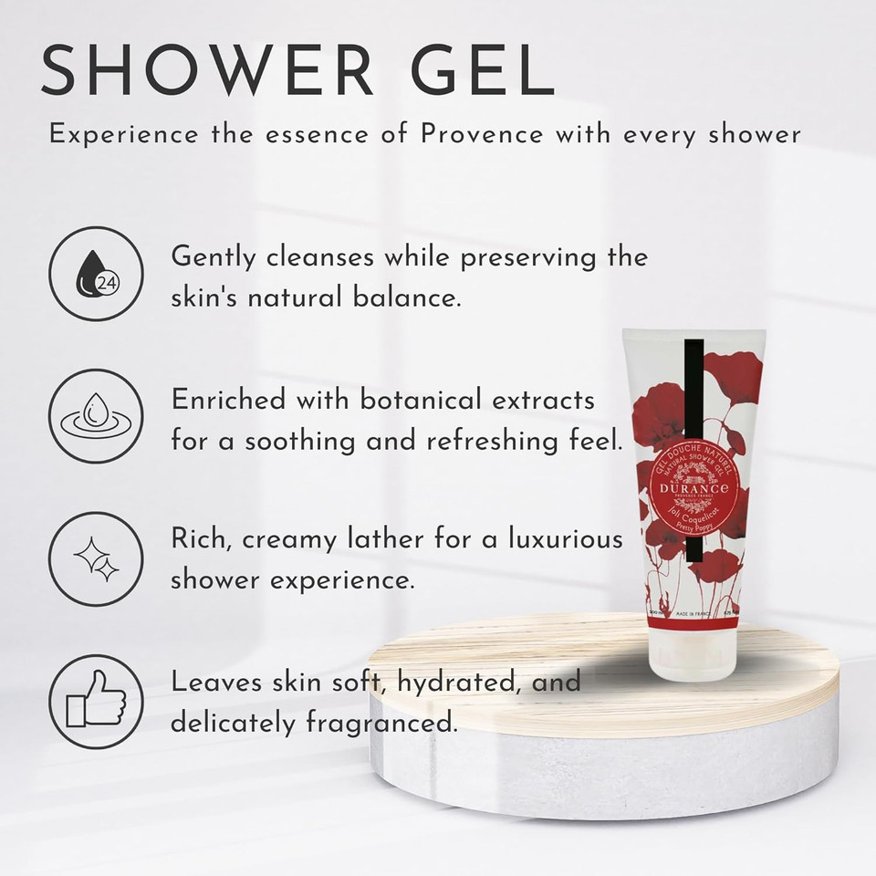 Durance Les Eternelles Natural Shower Gel For Women (200ml) Pretty Poppy Fragrance - Womens Body Wash | Nourishes, Gently Cleanses, Hydrates & Softens Skin